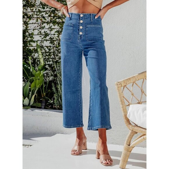 Women's Wide Leg Jeans Stretchy High Waisted Casual Denim Pants with Pockets - Picture 2 of 7